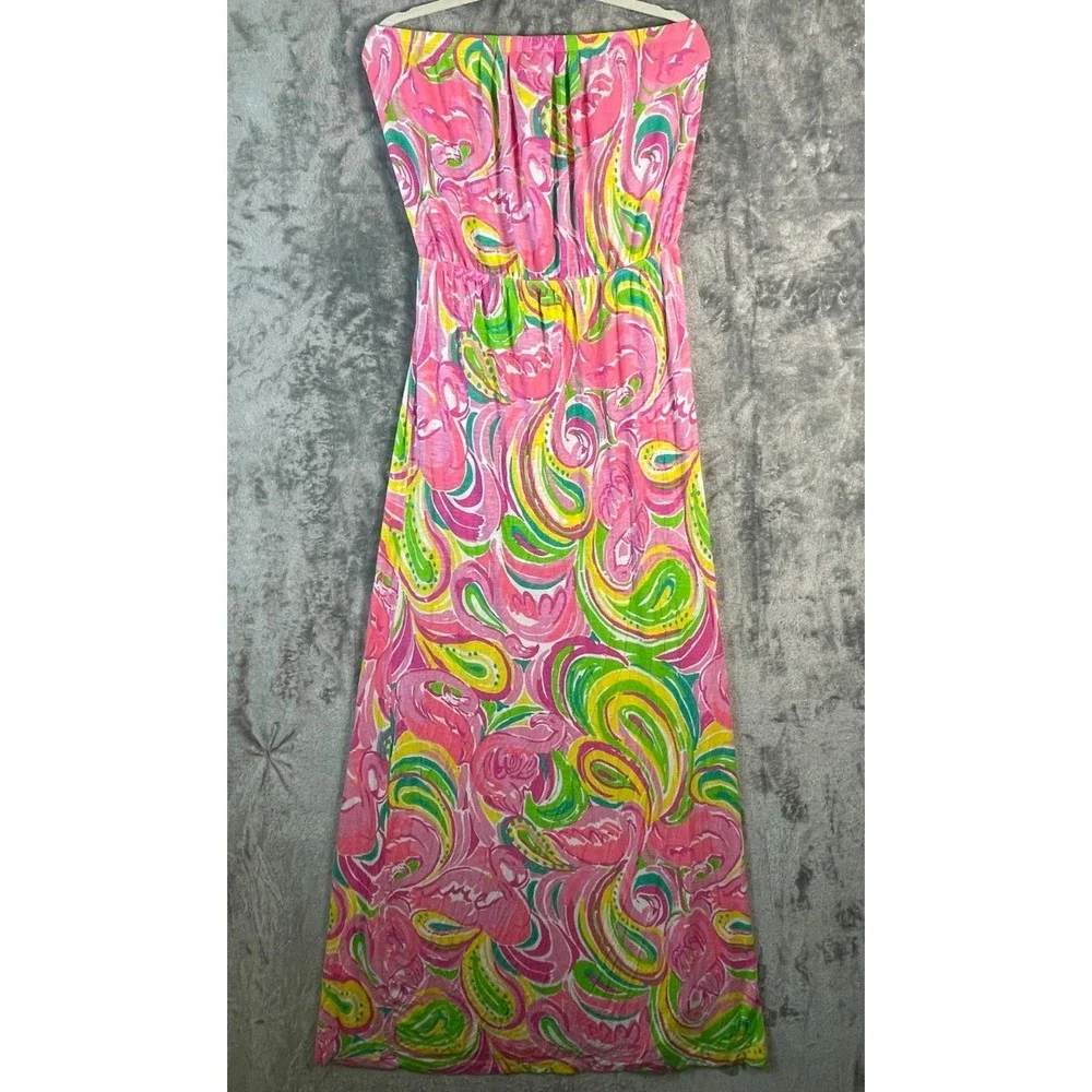 Lilly Pulitzer Marlisa All Nighter Strapless Maxi Dress Sz M Pink Green Flamingo - Picture 1 of 7